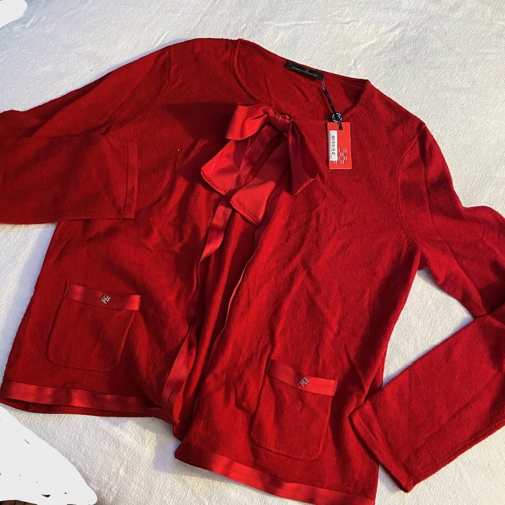 Carolina Herrera Red Open Cardigan With Bow